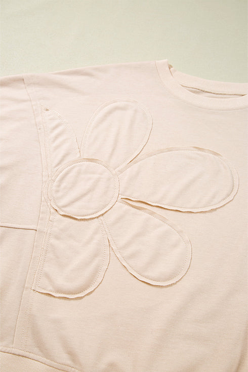 Raw Edge Flower Patch Drop Shoulder Contrast Rib Crewneck Long Sleeve Top
